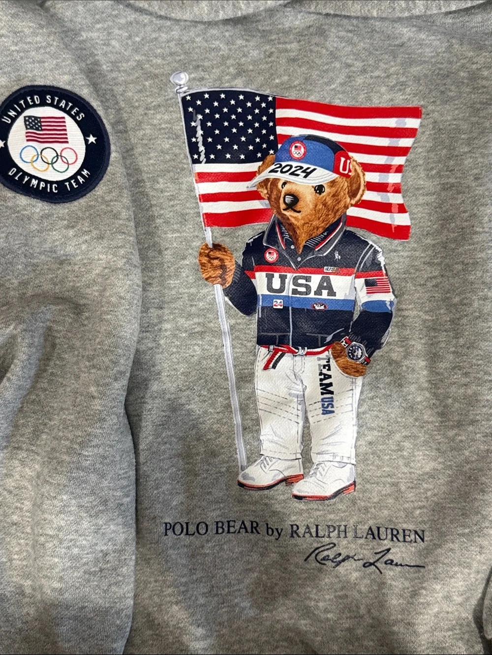 Kids Ralph Lauren Grey Polo Bear USA Flag Hoodie